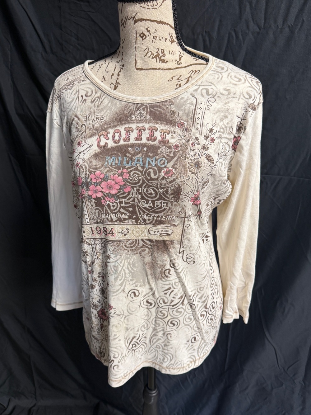 Blue Canyon Clothing Womens XL Long Sleeve Graphic Top Coffee Milano Art Cafe